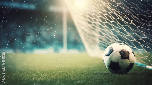 Soccer ball kicked into the goal net on the football field background.ai generative