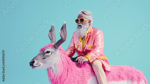Bright Santa Claus in Rococo style ride in deer on pink cloud. An attractive hipster Santa Claus. Minimal winter holidays idea.