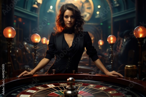 Beautiful girl plays poker blackjack roulette in the casino, Woman dealer near the table in the casino
