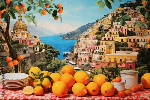 A vibrant collage of summer in Italy's Positano, known for its Amalfi coast and citrus fruits. Generative AI