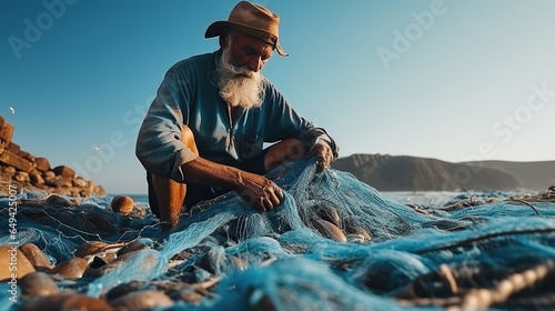 Old fisherman hands sewing blue fishing nets sitting on the ground and surrounded big net