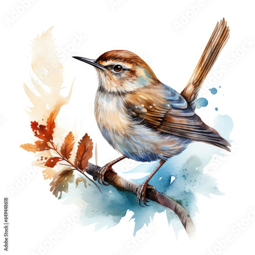 Watercolor Wren bird Illustration, Generative Ai