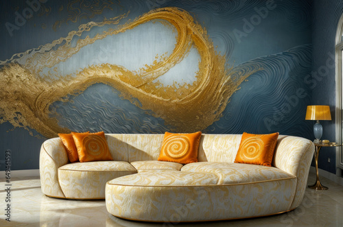 Canapé blanc brodé d'or avec des coussins orange devant une fresque de vague en or dans le salon luxueux d'un hôtel