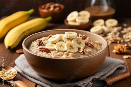Nutritious oat meal with sliced banana and nuts, served in a bowl with a spoon. Ideal breakfast for satiety. Generative AI