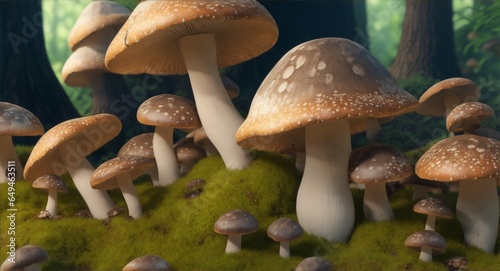 Beautiful close up of mushrooms mushrooms on a mossy forest floor. Generative AI.