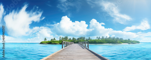 wooden pier on tropical summer beach. Blue sky holiday banner. copy spce for text