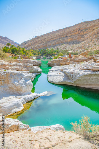 View of the Wadi Bani Khalid oasis in the desert in Sultanate of Oman.