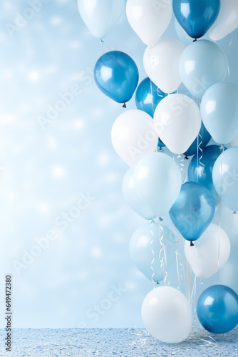 blaue und weiße Ballons mit Platz für Text.. Hochkant. Hochformat. Generative Ai.