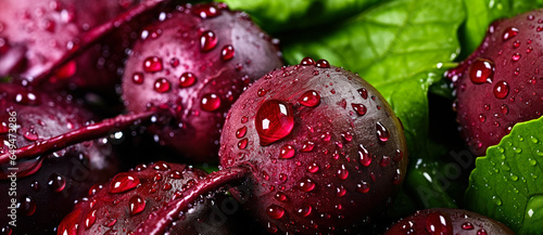 Fresh beetroot vegetables, with water drops over it, closeup macro detail. Generative AI