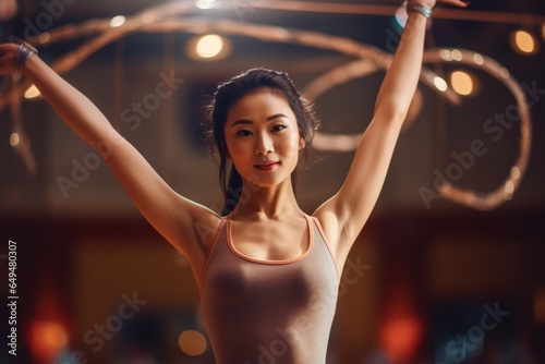 asiatic young woman practicing rhytmic gymnastics indoors