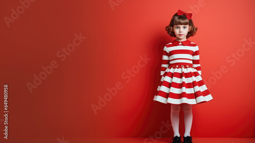 Generative AI, a little girl with a trendy hairstyle in an elegant retro dress in the mod style stands on a colorful rich background, fashionable child, children's fashion, 50s clothes, shop, magazine