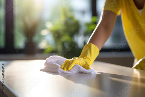 A woman's hand in a yellow protective glove wipes the kitchen counter with a white cloth. Kitchen cleaning concept, river view.generative ai 
