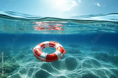 Ocean lifebuoy for SOS and rescue purposes as a wide banner. Generative AI