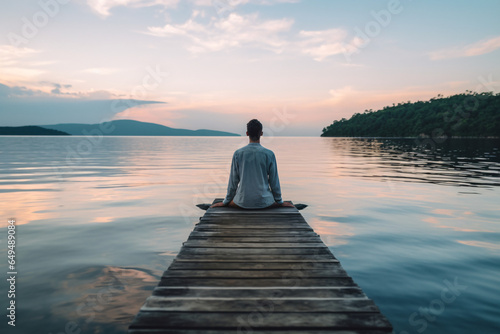 Young man meditating on a wooden pier at sunset in the lake