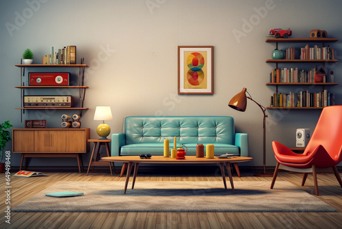 Concept living room interior design in the style of the Colourful 70s front view of retro living room with vintage blue sofa with radiogram retro interior room design with abstract wall art