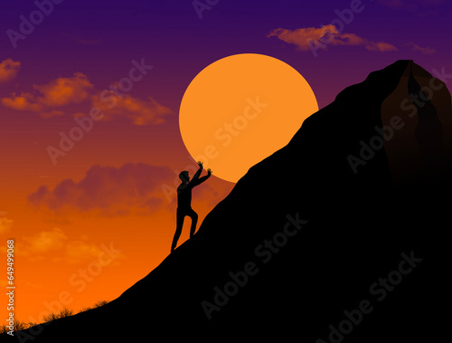 A silhouetted man at sunset looks as if her is pushing the setting sun up the side of a hill or is a least trying to prevent the sun from sinking in a 3-d illustration.