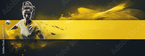 Yellow and black background with a soccer ball