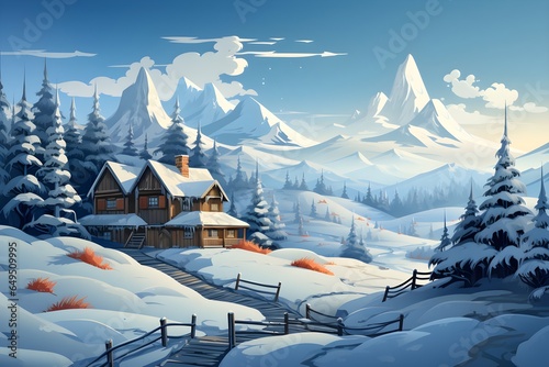 雪山に佇む1軒の山小屋のイラスト