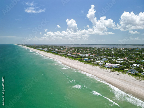 Aerial ocean and beach views on a beautiful sunny Summer day in Melbourne Beach, Florida