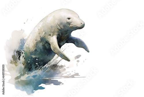 Watercolor painting of dugong on white background. Wildlife Animals. Illustration, Generative AI.