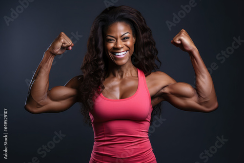 the woman with athletic gear shows her biceps while smiling