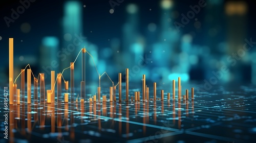 Financial background of stock and derivatives market, graphs, charts, columns, lines, numbers in blue color. Trend up and down. Financial market concept