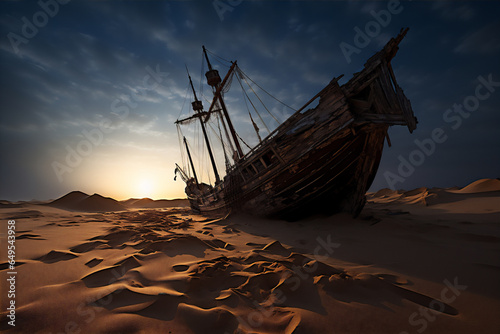 wood old sailing ship stranded in the middle of desert at sunset, moon and stars, hyper realistic, dramatic light, create using generative AI tools.