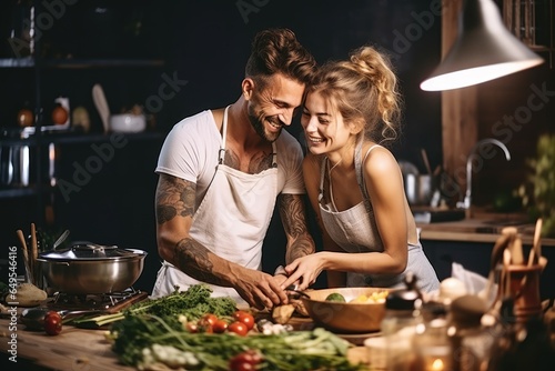 Romantic couple at the kitchen with food preparing background.