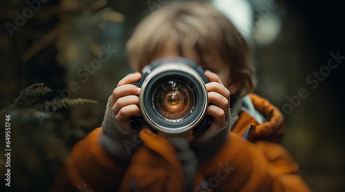 Niño pequeño sujetando una cámara de fotos y mirando por la mirilla