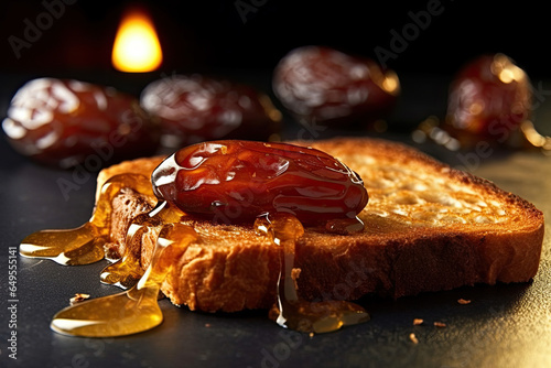 Saudi Arab Dates toast, macro shot of a fresh breakfast with Dripping Honey, AI Generated