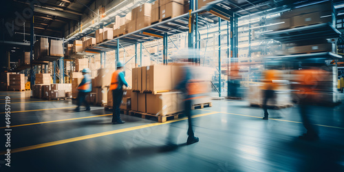 Blurred image of warehouse employees in action, moving shipment boxes efficiently, showcasing the dynamics of international trade logistics