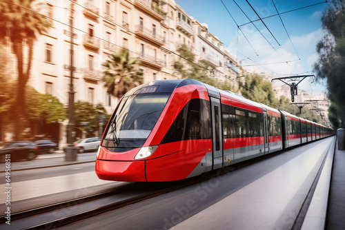 Photo of a vibrant red and white train or tram speeding down train tracks in the city.