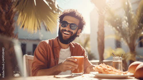 Smiling man holding glass of juice and sitting at cafe outdoors at summer