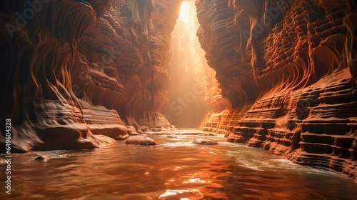 Interior of a cave illuminated by sunlight with water on the floor