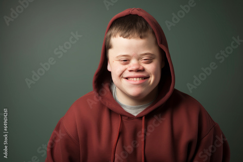 Young smiling cheerful young man with down syndrome wear sweatshirt look at camera isolated on green color background. Genetic disease world day concept.