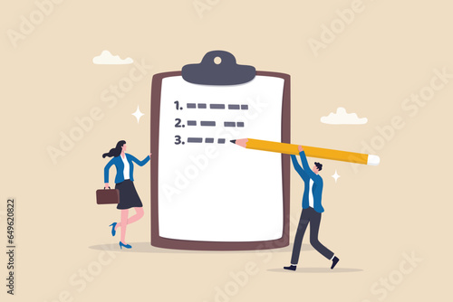 Writing business steps, procedure or development progress on clipboard, plan or solution checklist, challenge or achievement list, project goal concept, businessman writing procedure step on clipboard