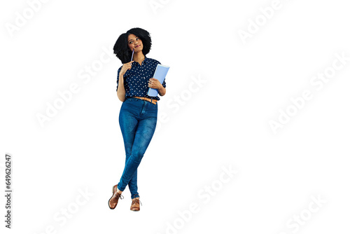 Woman, thinking and planning with notebook, journal or college student on isolated, transparent or png background. University, planner and girl with decision, choice or inspiration for a solution
