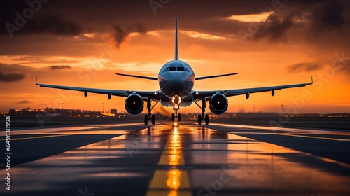 Takeoff or landing of a modern airliner against the background of the blue sky at the runway and lights of a modern airport. Travel and transportation concept
