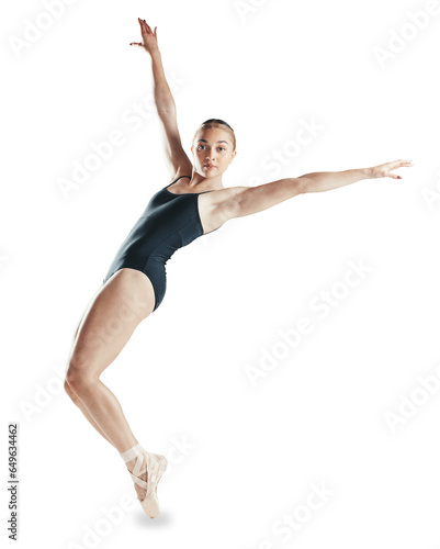 Portrait, stretching and woman dancing, ballerina and exercise isolated on a transparent background. Person, dancer or model with practice for performance, ballet and workout with png or fitnness