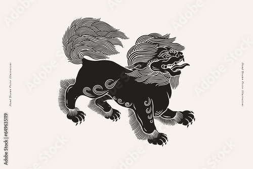 Black sky lion on a light isolated background. Traditional mythical animal of Chinese and Tibetan culture. Linocut style vector illustration.