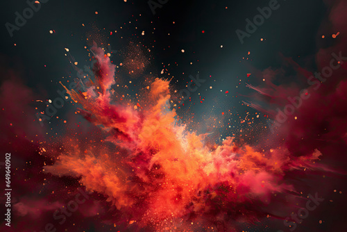 Abstract red powder explosion. Closeup of red dust particle splash on white background.