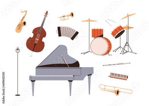 Grand piano, drum kit, trumpet, double bass, flute, jazz saxophone, trombone, squeezebox, microphone. Music instruments of different kind set. Flat vector illustrations isolated on white background
