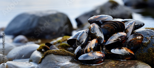 Sea waves hitting wild mussels on rocks, banner