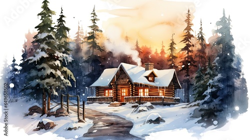 Rustic log cabin watercolor illustration - Generative AI.