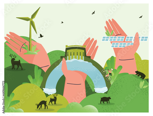 Web eco green hydro power solar cell and wind energy.Green eco vector illustration .Nature environment.Save the earth from climate changes by renewal energy.
