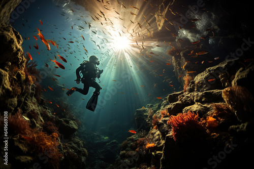 Scuba diver dives underwater in the ocean between coral reef, sunlight, AI Generative..