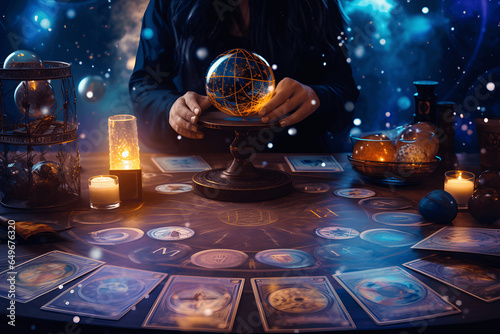 Astrology,Astrologer calculates natal chart and makes a forecast of fate,Tarot cards, Fortune telling on tarot cards magic crystal, occultism, Esoteric background,Fortune telling,tarot predictions.
