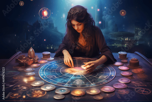 Astrology,Astrologer calculates natal chart and makes a forecast of fate,Tarot cards, Fortune telling on tarot cards magic crystal, occultism, Esoteric background,Fortune telling,tarot predictions.