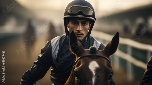 an Argentine jockey guides his racehorse down the track, his focused expression highlighting the symbiotic relationship between rider and steed in the thrilling world of horse racing
