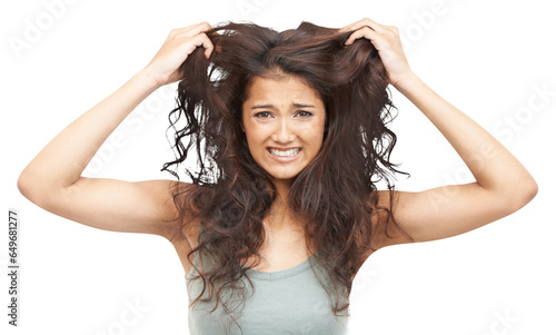 Hair care, crazy and portrait of young woman with frizzy, ugly and curly hairstyle for salon treatment. Upset, frustration and female model with messy hair isolated by a transparent png background.
